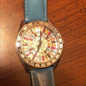 Sale! Blue leather & multi gemstone face watch.